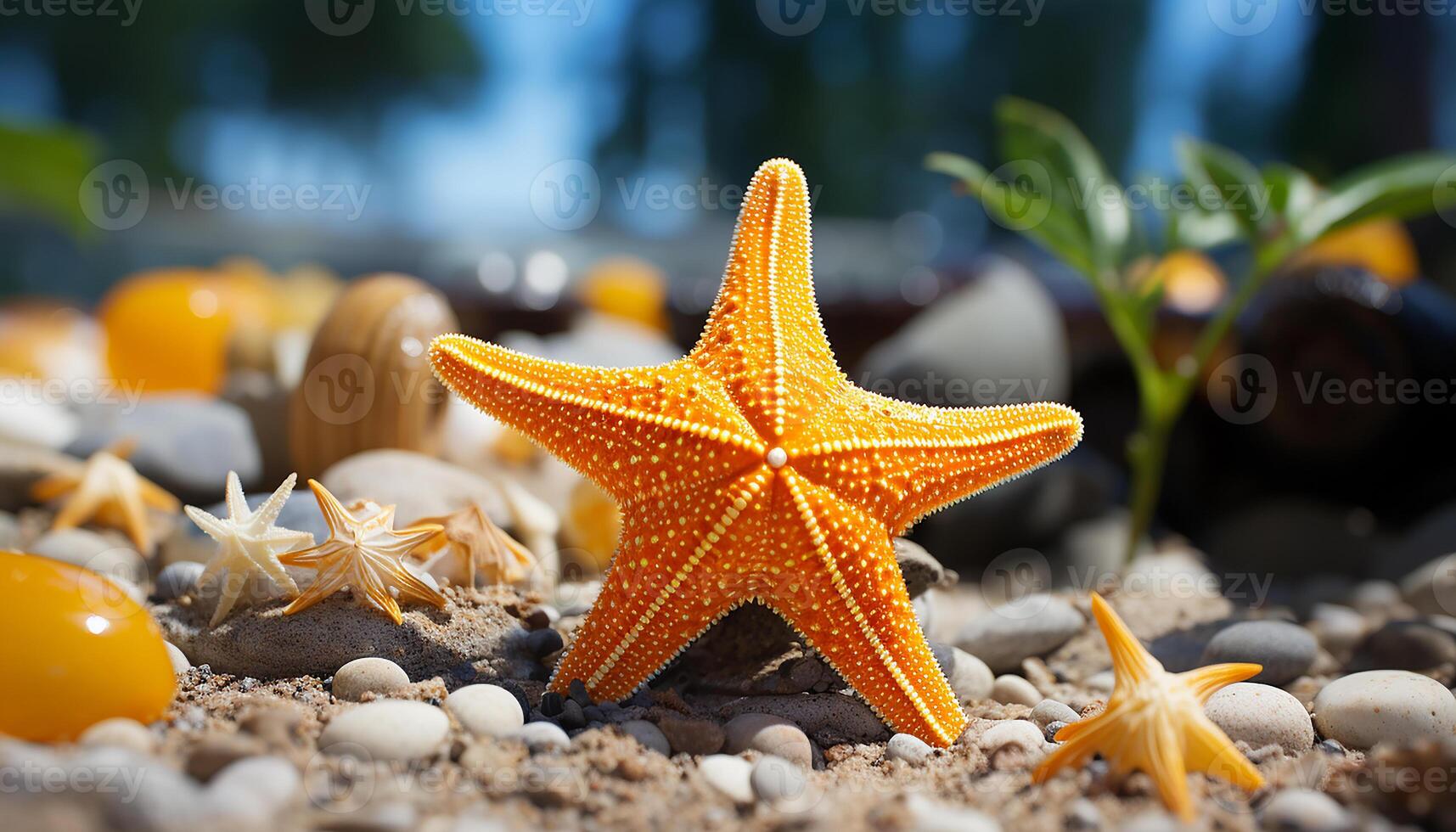 ai generado amarillo estrella de mar en arena, naturaleza belleza en un tropical vacaciones generado por ai foto