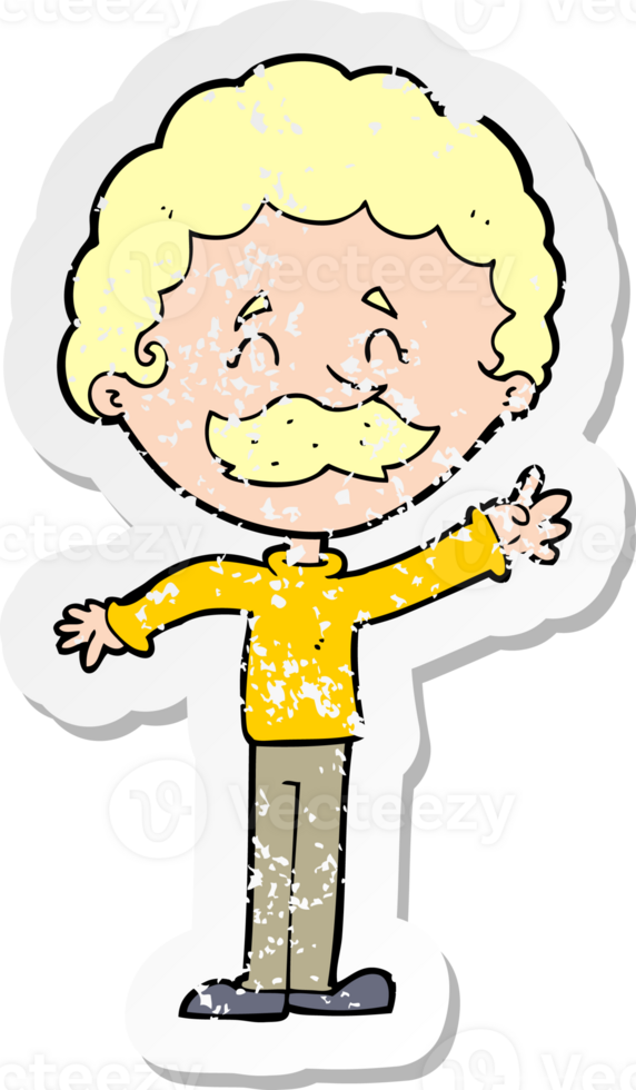 retro distressed sticker of a cartoon man with mustache waving png