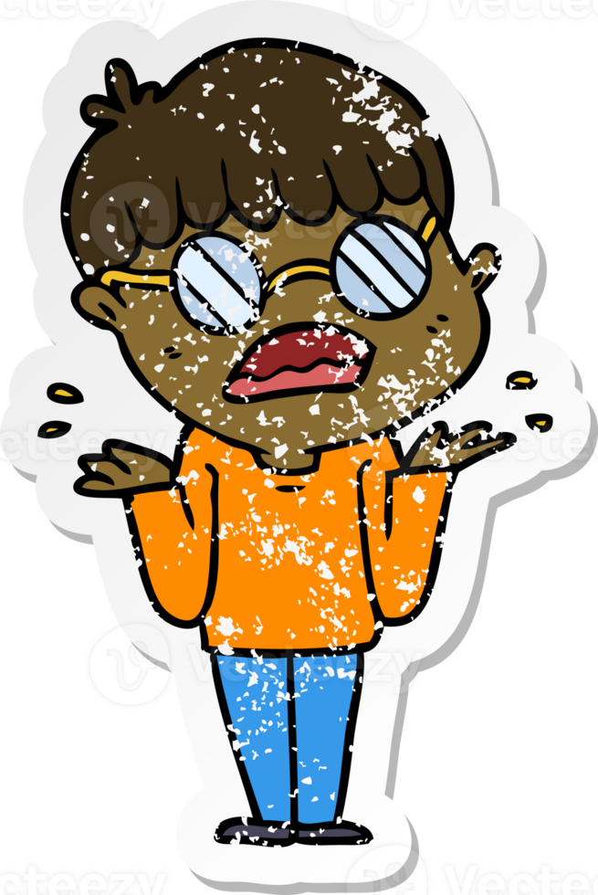 distressed sticker of a cartoon confused boy wearing spectacles png