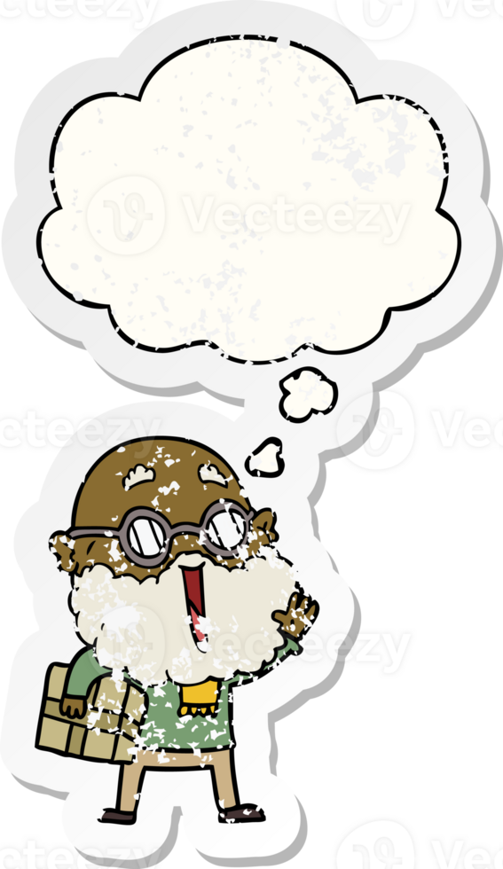 cartoon joyful man with beard and parcel under arm and thought bubble as a distressed worn sticker png