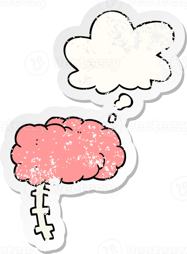 cartoon brain and thought bubble as a distressed worn sticker png
