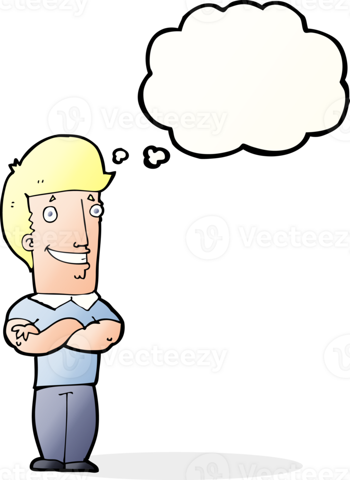 cartoon man with folded arms grinning with thought bubble png