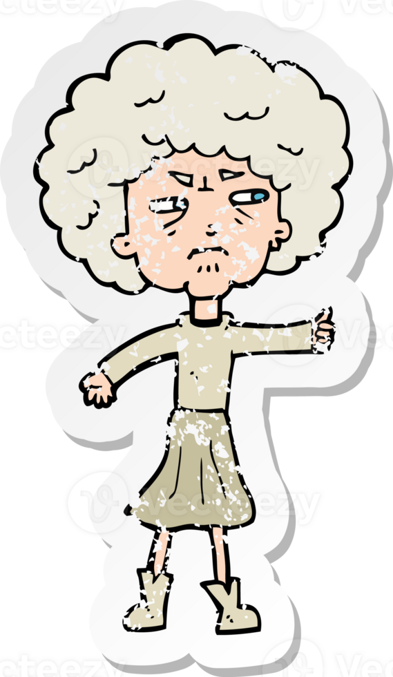 retro distressed sticker of a cartoon annoyed old woman png