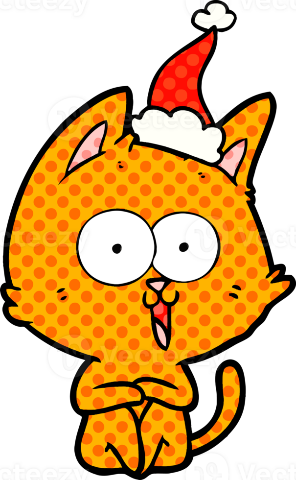 funny comic book style illustration of a cat wearing santa hat png