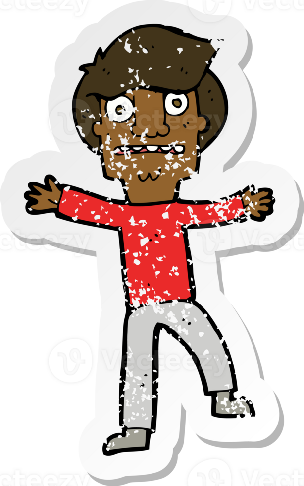 retro distressed sticker of a cartoon boy panicking png