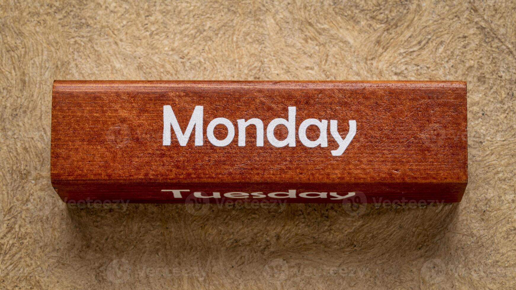 Monday and Tuesday text on wooden block against handmade bark paper in earth tones, calendar concept photo