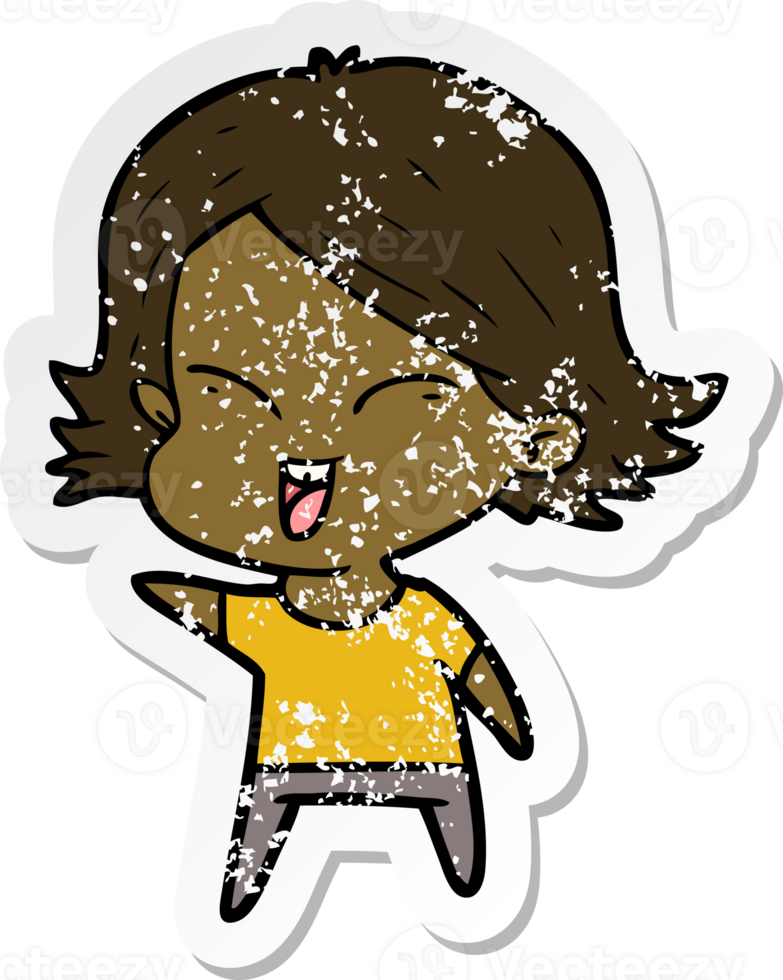 distressed sticker of a happy cartoon girl png