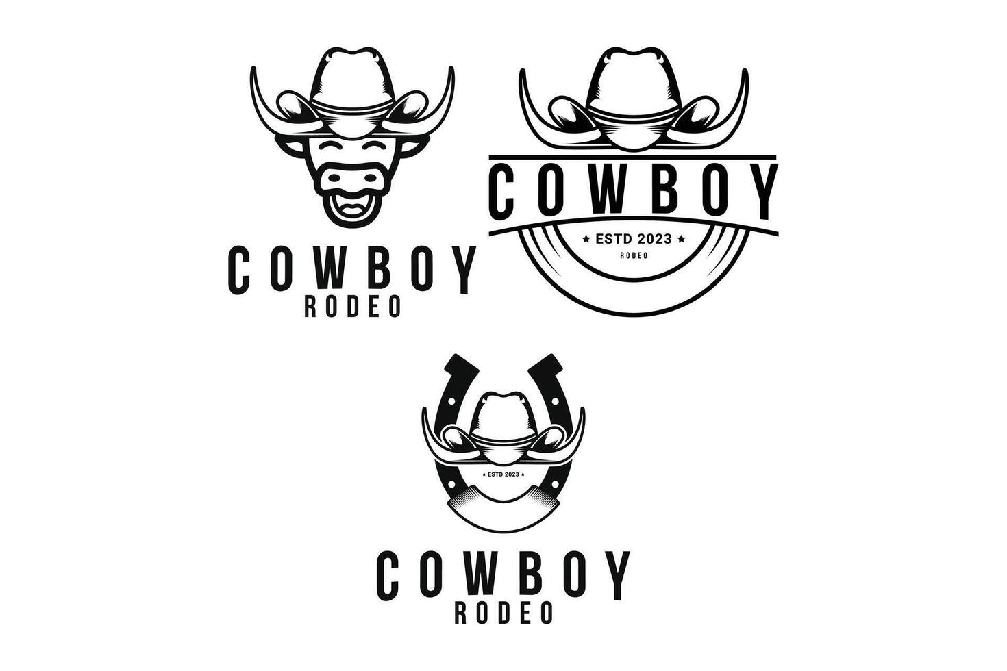 conjunto de owboy sombrero rodeo vaca estern toro logo diseño Clásico retro etiqueta vector