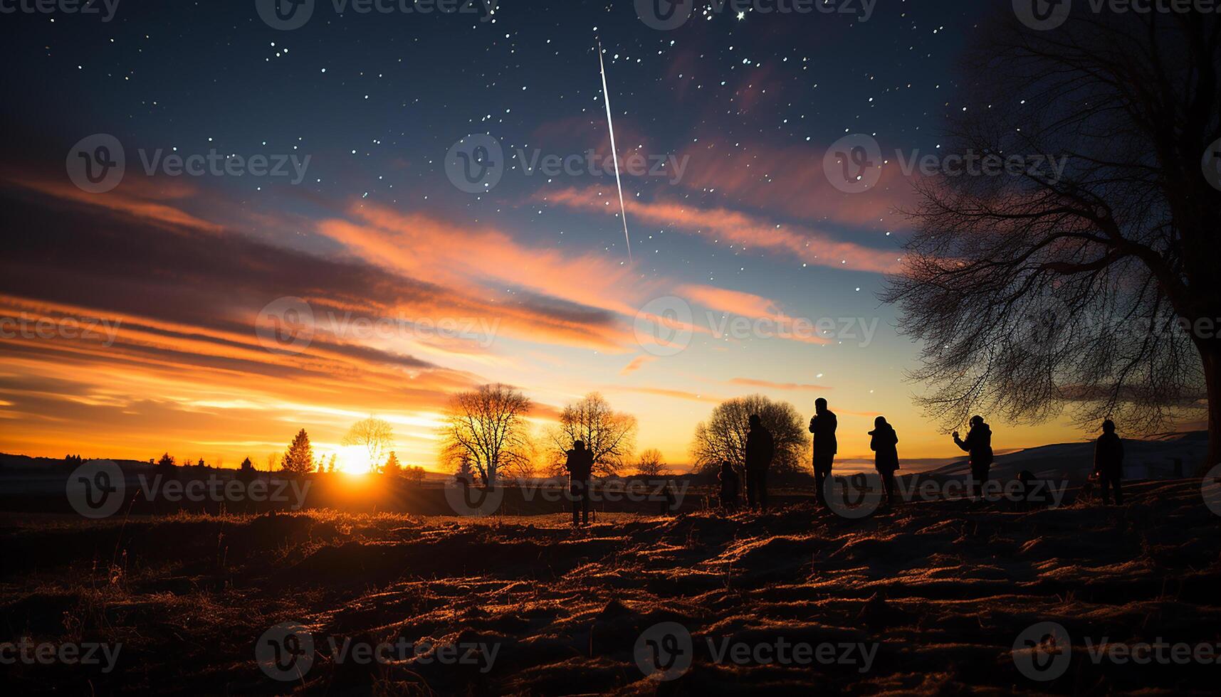 AI generated Silhouette of men and women in tranquil sunset landscape generated by AI photo