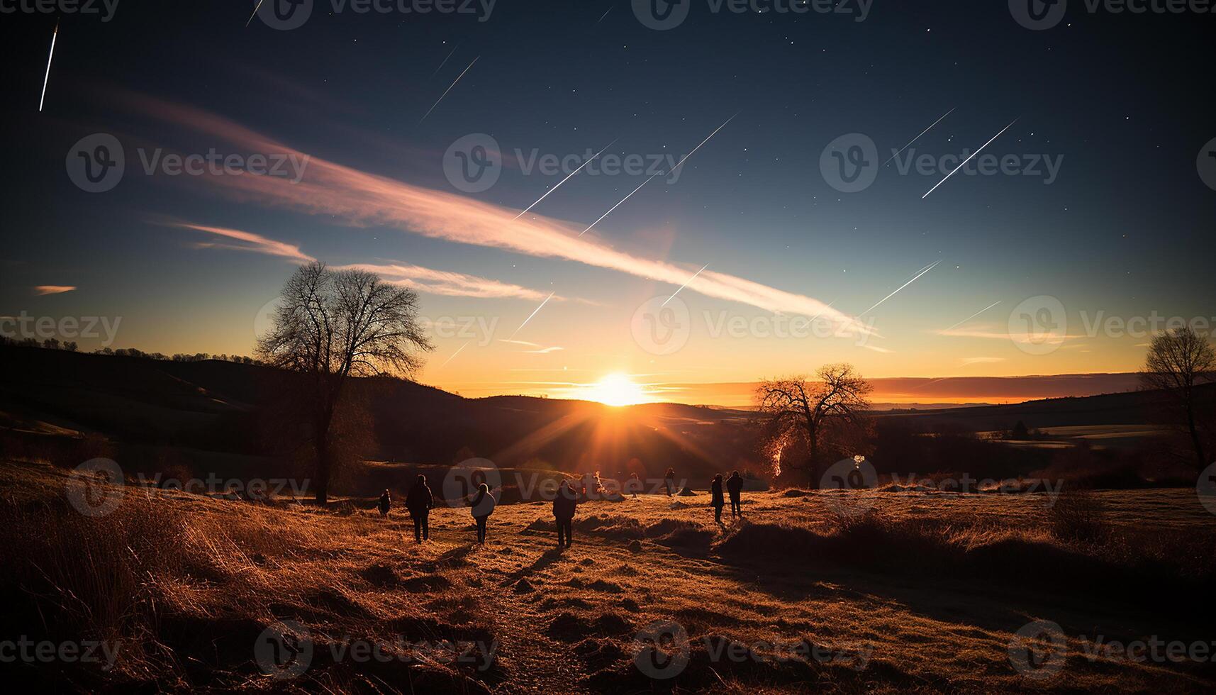 AI generated Silhouette of men on mountain, nature beauty in tranquil dusk generated by AI photo