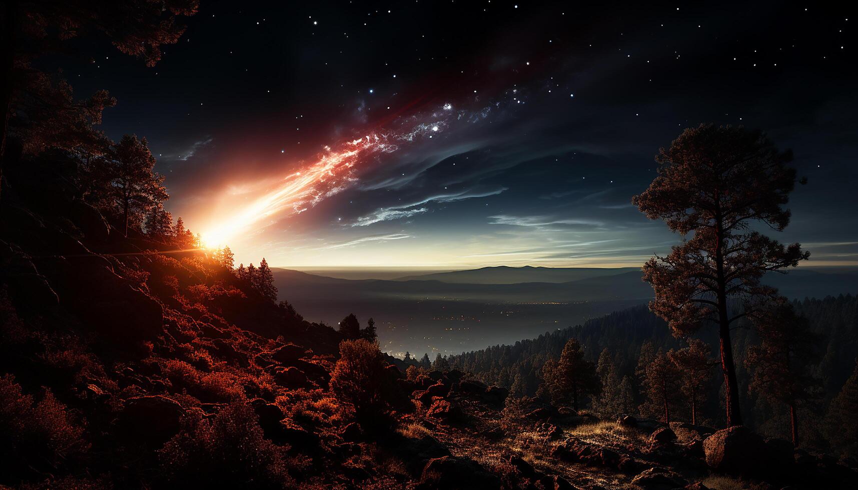 AI generated Majestic mountain peak silhouettes in tranquil meadow at dusk generated by AI photo