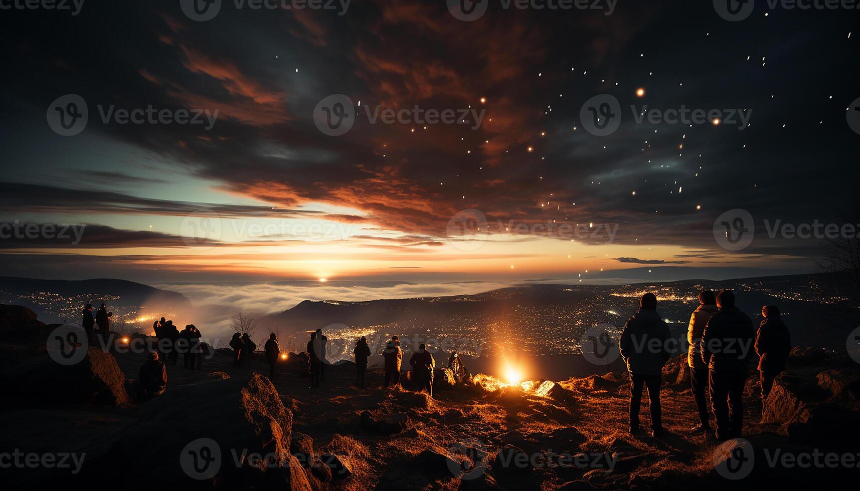 AI generated Silhouette of men hiking mountain peak at dusk, nature beauty generated by AI photo