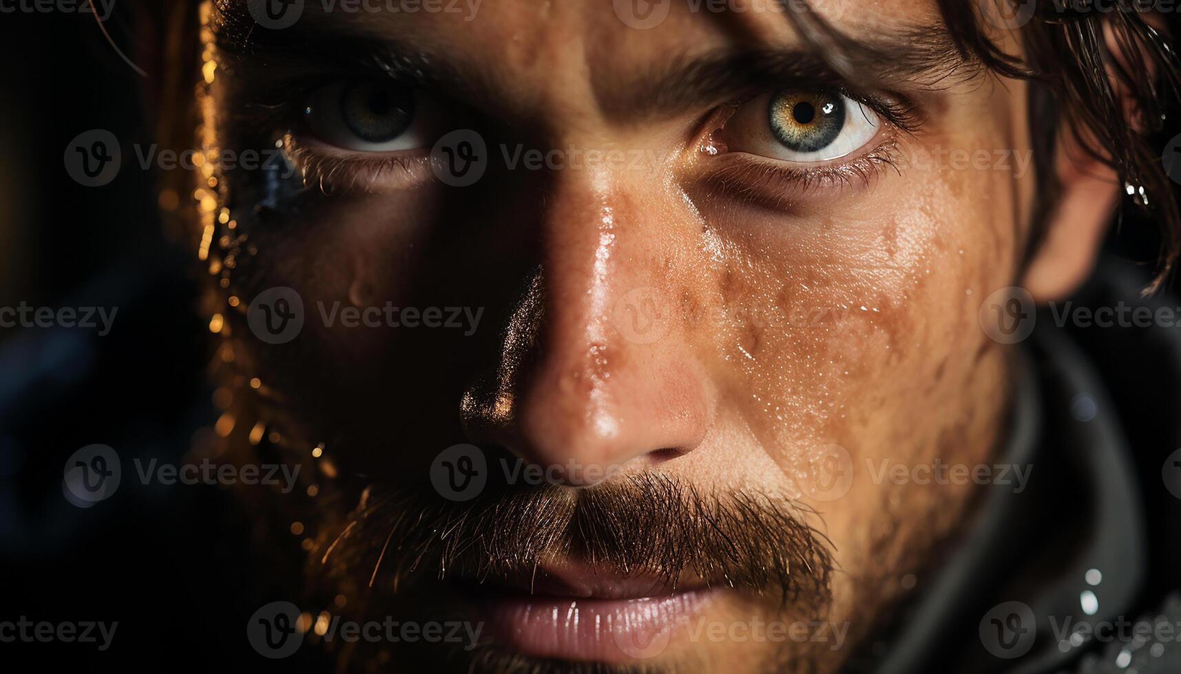 AI generated One serious man with wet hair looking at camera outdoors generated by AI photo