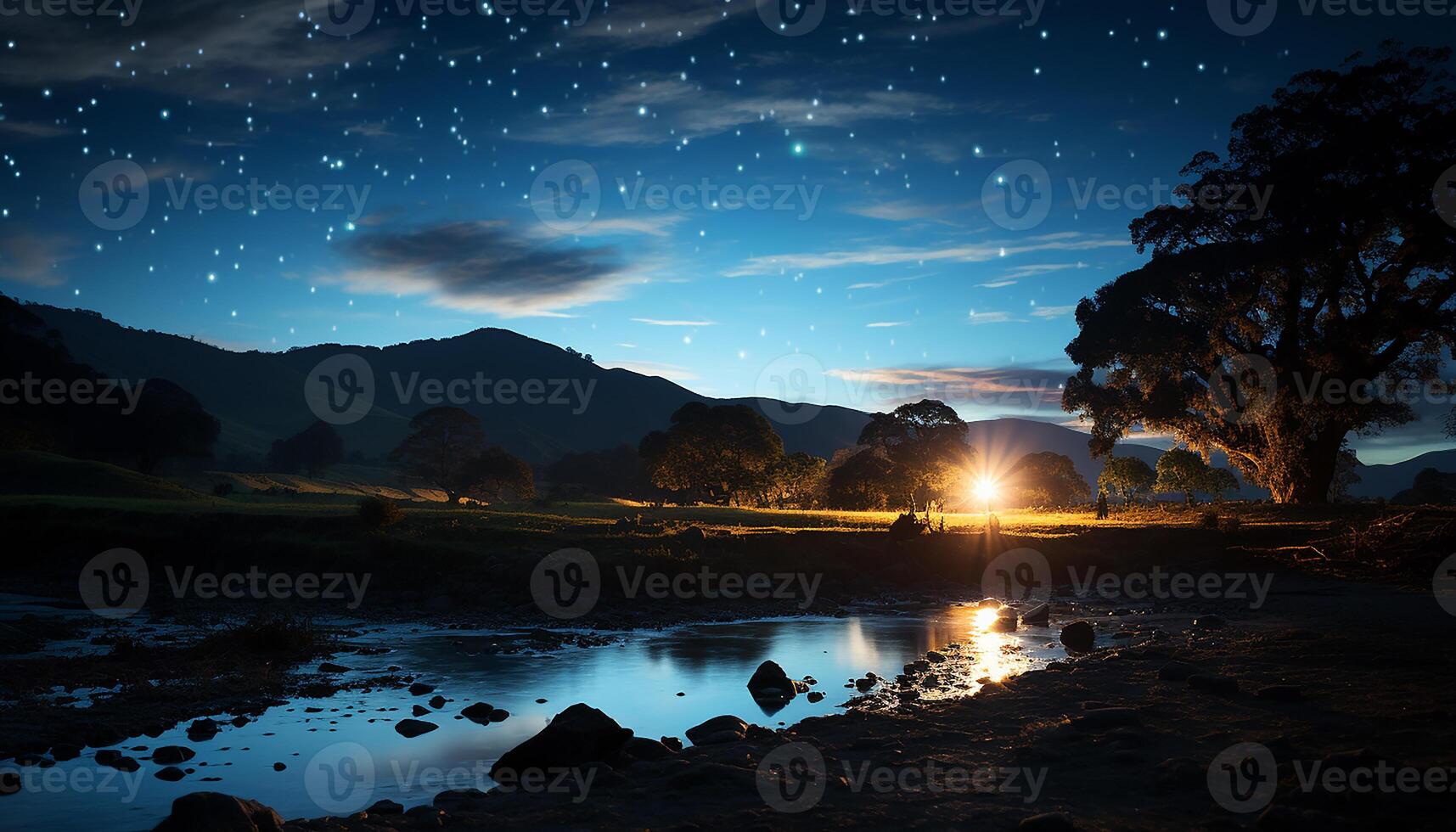 AI generated Tranquil sunset over mountain peak, reflecting in calm water generated by AI photo