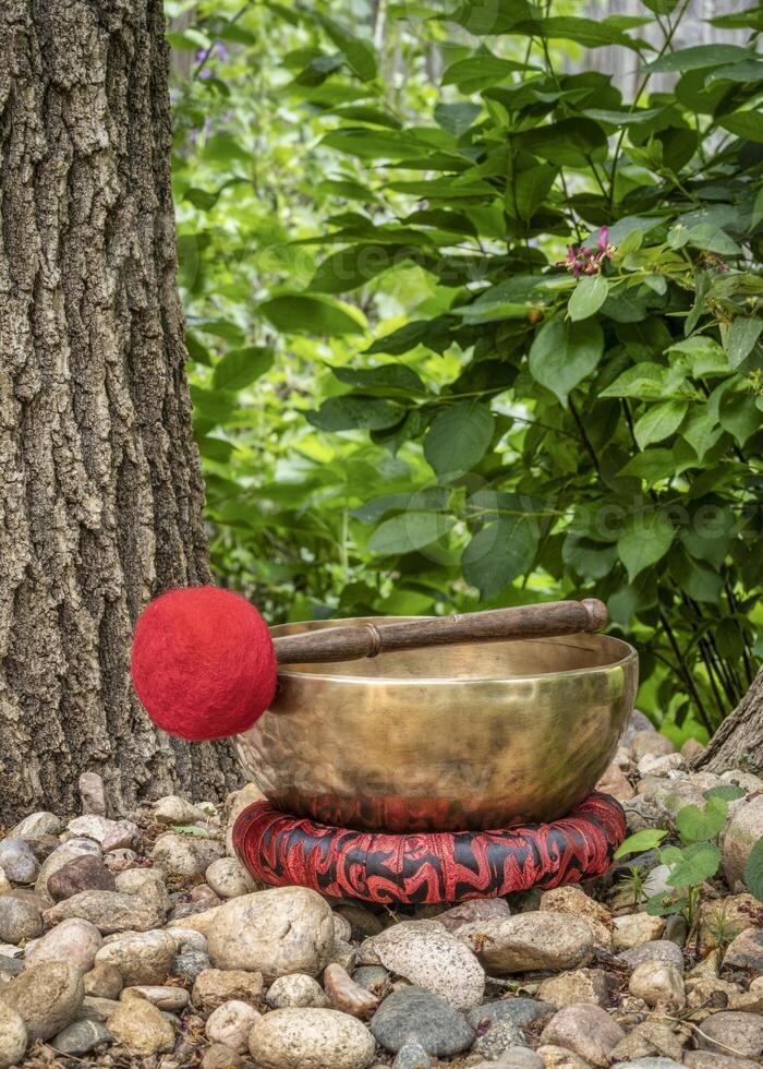 hecho a mano tibetano canto cuenco con un mazo y amortiguar en al aire libre configuración, sonido terapia para cicatrización, relajación y meditación foto