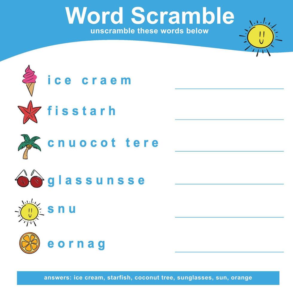 Word Scramble worksheet. Complete the letters in English. Kids educational game. Printable worksheet for preschool. Writing practice vector
