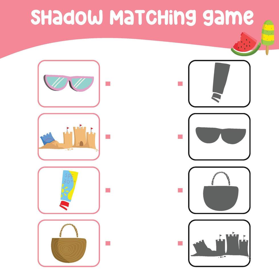 Matching shadow game for children. Find the correct shadow. Worksheet for kid. Printable activity page for kids. Learning Game. Vector file.