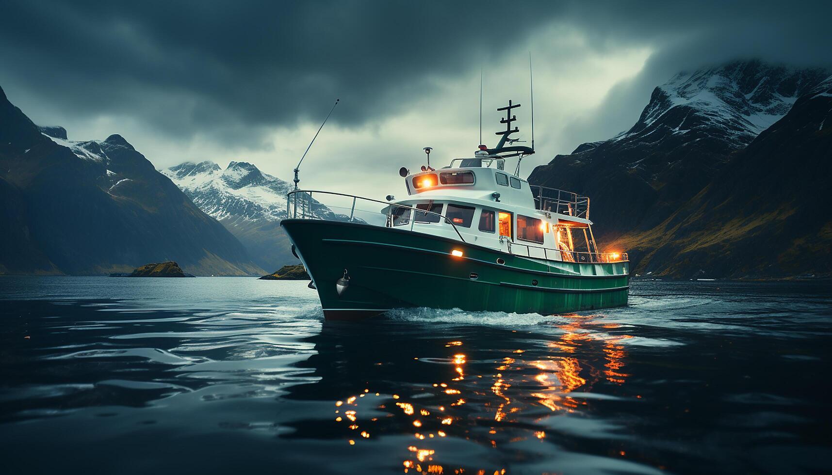 AI generated Nautical vessel sails through tranquil arctic waters, reflecting mountain beauty generated by AI photo