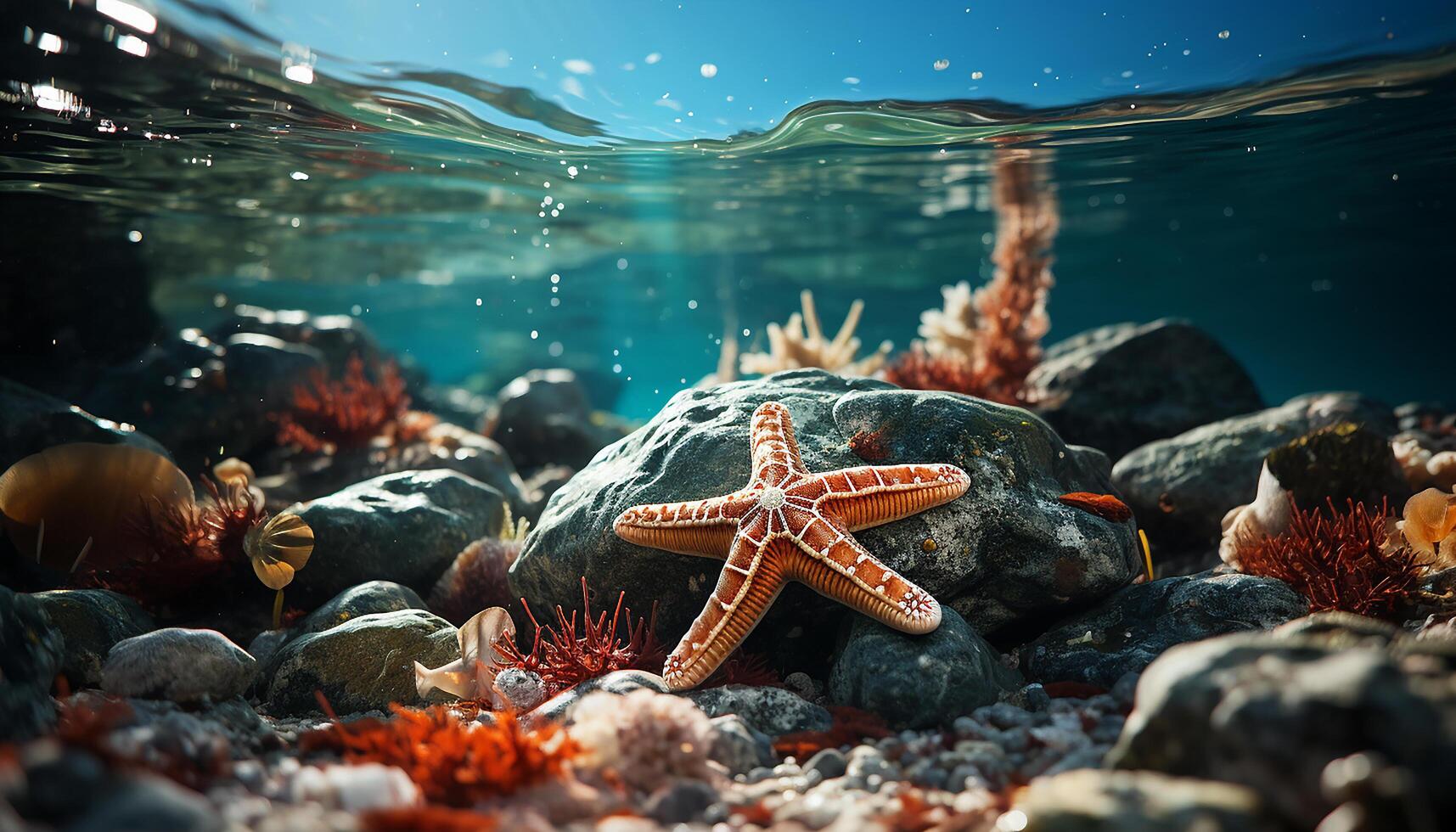 AI generated Underwater reef, nature starfish fish, coral scuba diving sea life generated by AI photo