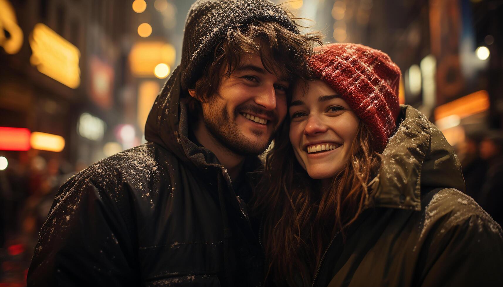 AI generated Smiling young couple embraces outdoors, enjoying winter vacation in nature generated by AI photo