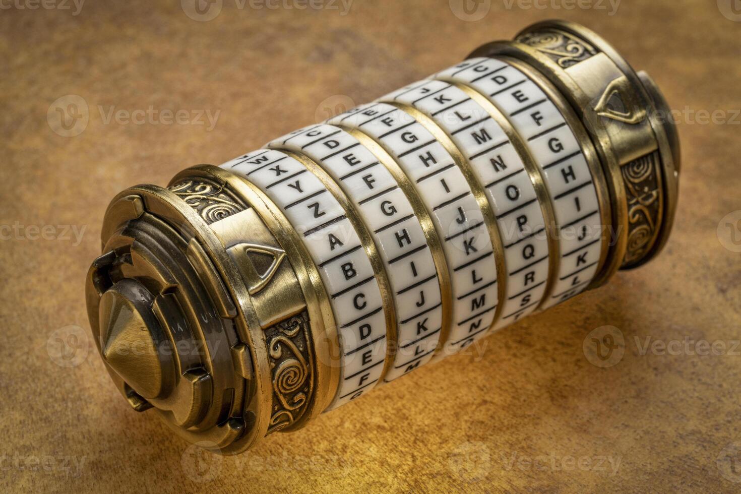 aging word as a password to combination puzzle box with rings of letters, cryptography and lifestyle concept photo