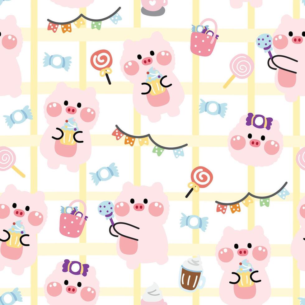 Seamless pattern of cute pig pastel with dessert and sweet on white background.Farm animal character cartoon design.Image for card,poster,baby clothing.Kawaii.Vector.Illustration. vector