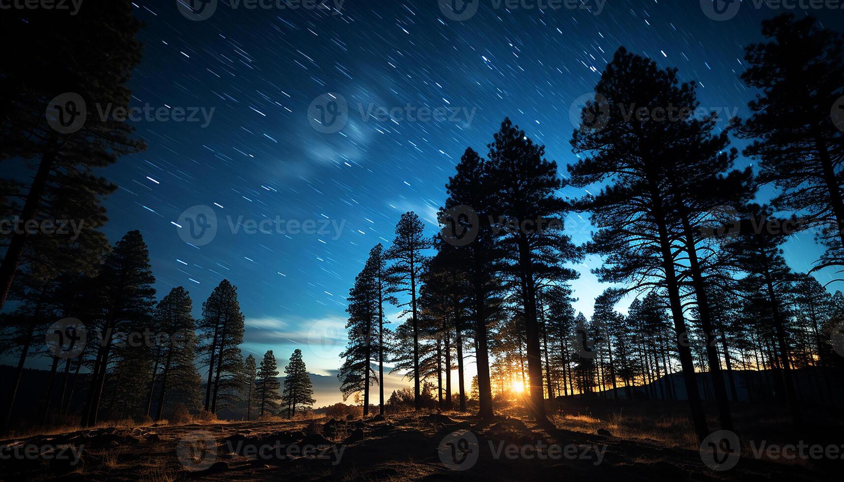 AI generated Silhouette of pine trees under starry winter night sky generated by AI photo