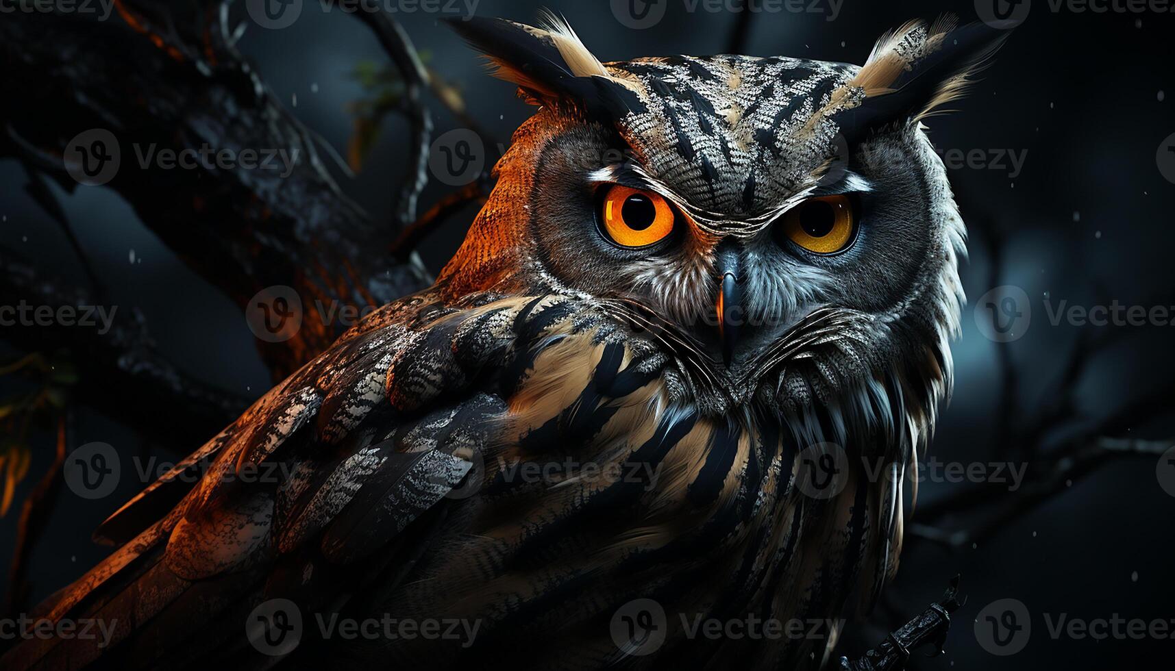 AI generated Eagle owl, majestic bird, perched on branch, piercing animal eye generated by AI photo