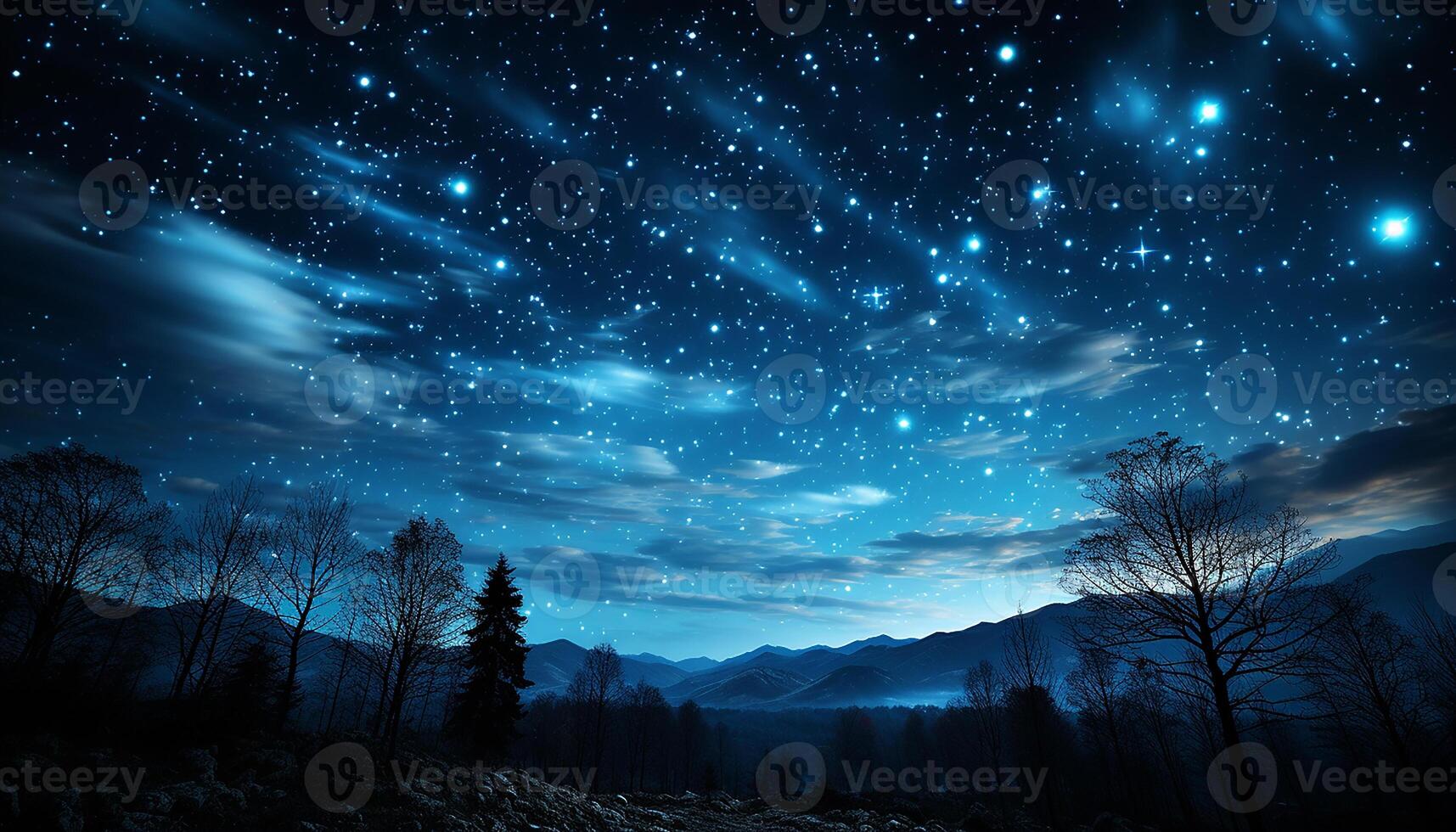 AI generated Glowing star trail illuminates snowy mountain peak in
