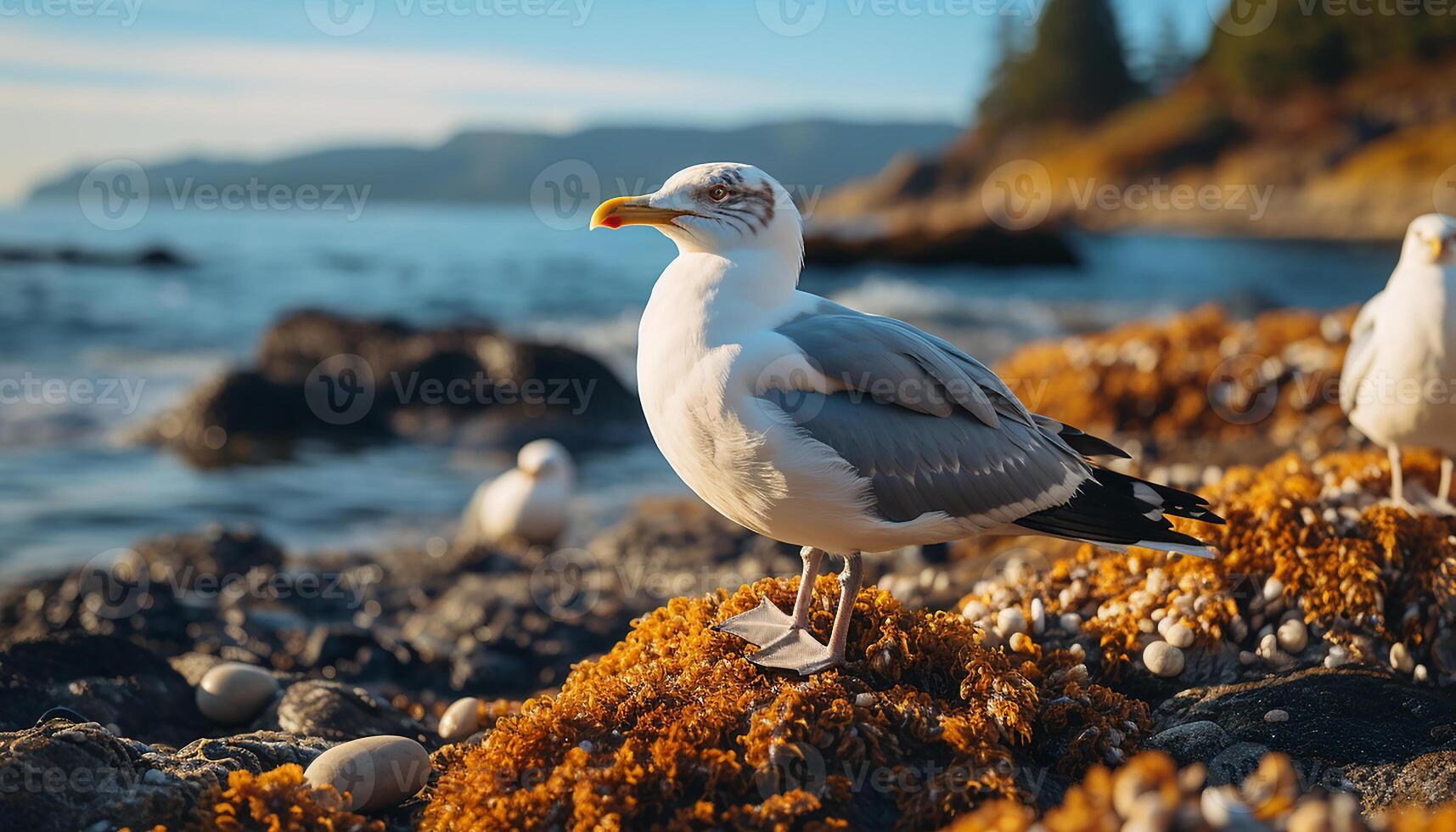 AI generated Seagull flying over water, enjoying freedom in tranquil nature generated by AI photo