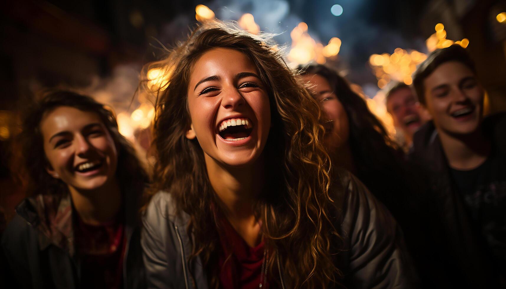 ai generado joven adultos disfrutar el la vida nocturna, sonriente y riendo con amigos generado por ai foto