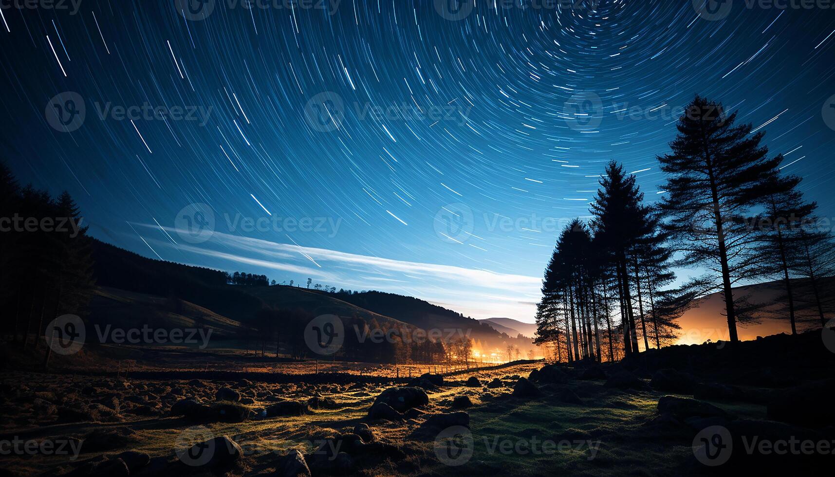 AI generated Tranquil mountain peak illuminated by star trail in winter night generated by AI photo