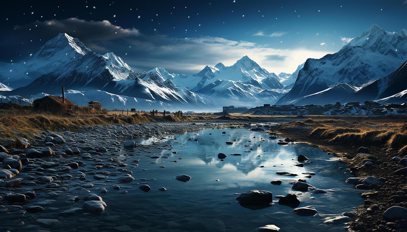 AI generated Majestic mountain peak reflects tranquil blue sky in winter landscape generated by AI photo