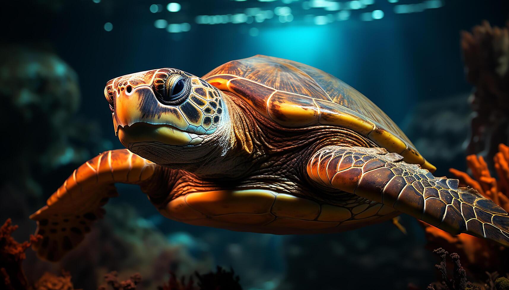 AI generated A beautiful sea turtle swimming in the blue ocean generated by AI photo