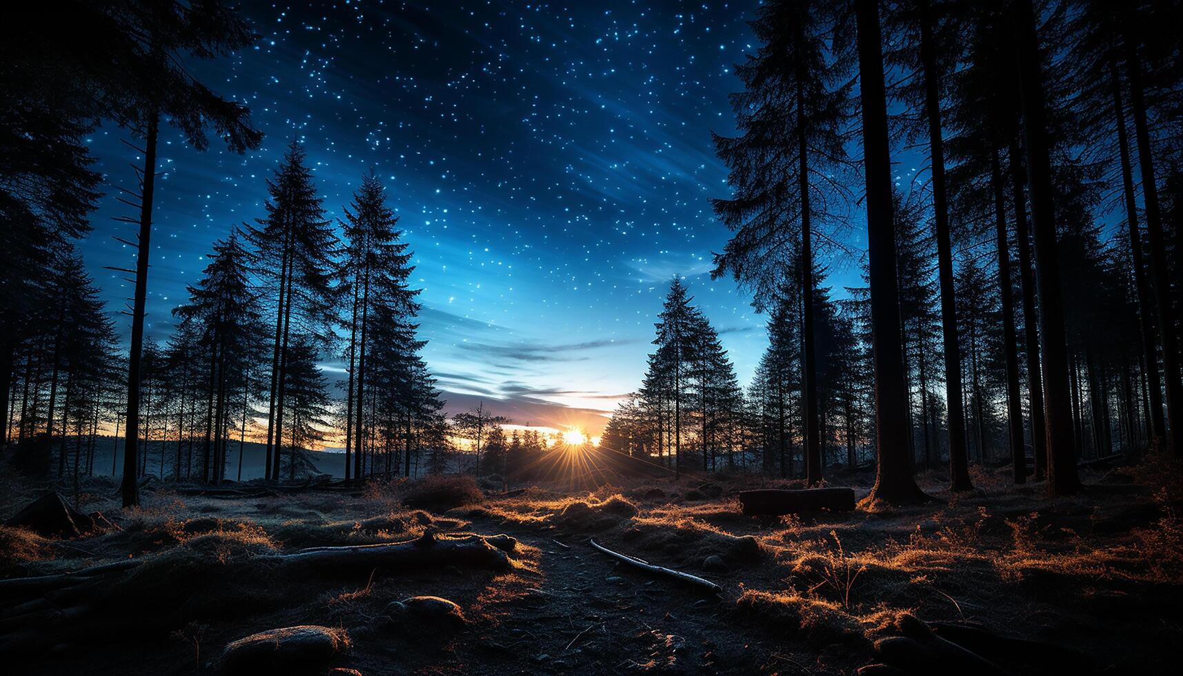 AI generated Tranquil scene dark pine trees, starlit sky, snowy mountain range generated by AI photo