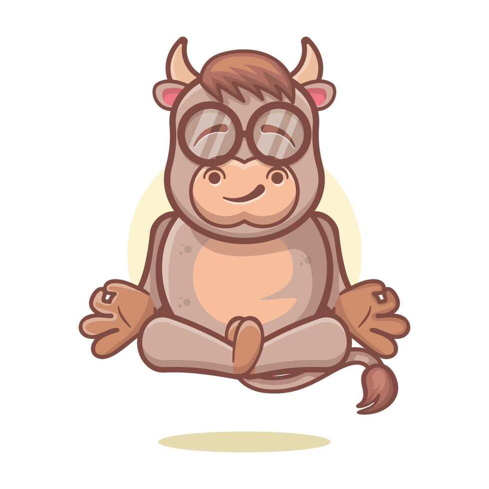 calma toro animal personaje mascota con yoga meditación actitud aislado dibujos animados vector