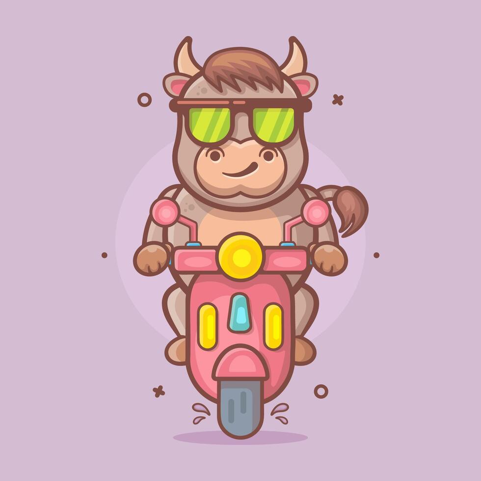 frio toro animal personaje mascota montando scooter motocicleta aislado dibujos animados en plano estilo diseño vector