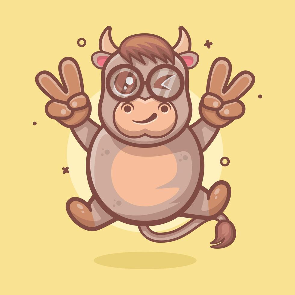 cute bull character mascot with peace sign hand gesture isolated cartoon vector