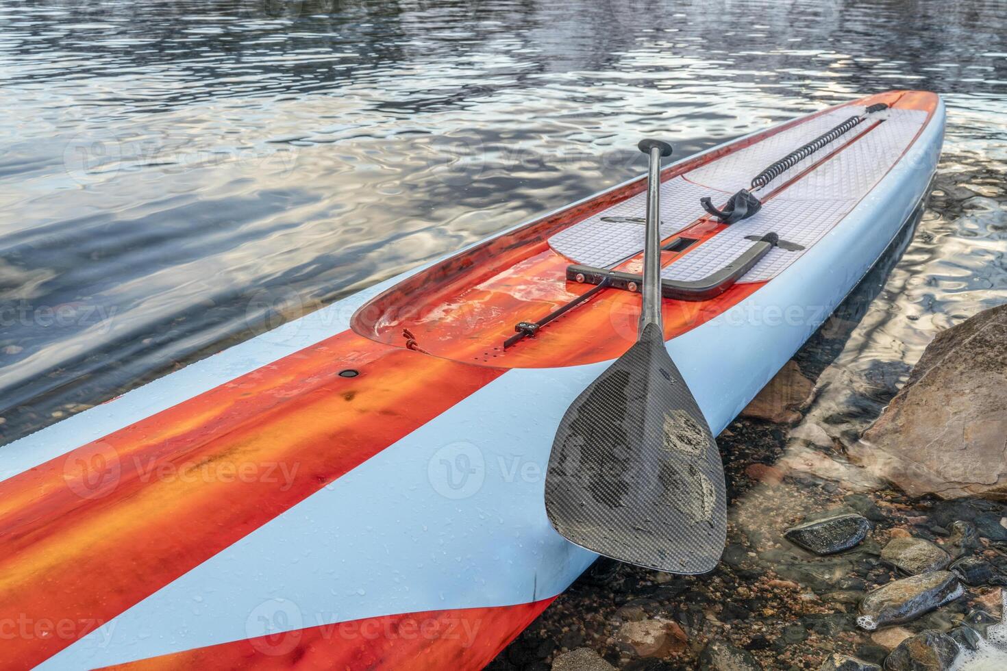 racing stand up paddleboard with paddle, safety leash and steering system on a lake shore, fitness and training concept photo