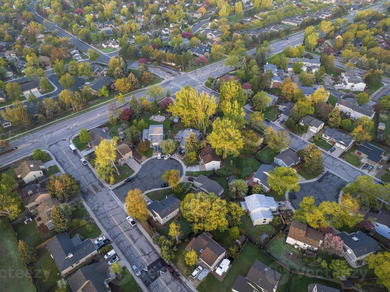 spring sunrise over residential area of Fort Collins in northern Colorado, aerial view photo