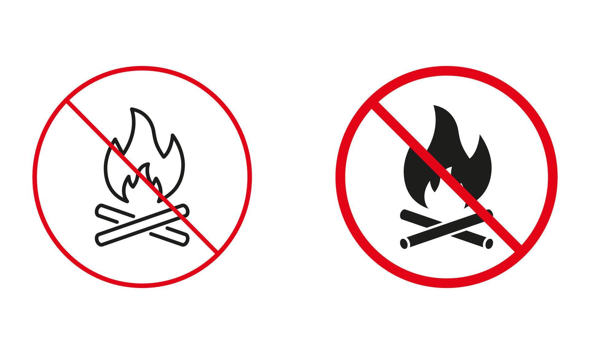 Camp Fire Not Allowed, Camping Warning Sign Set. No Dangerous Bonfire