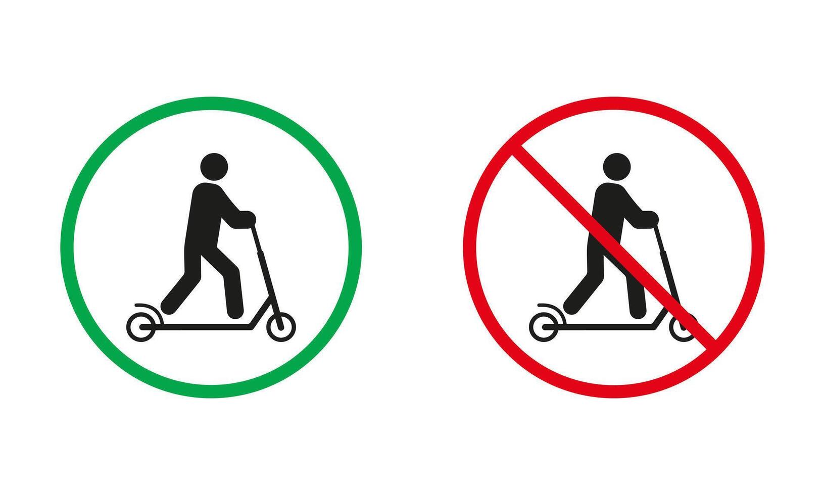 empujar scooter advertencia firmar colocar. hombre en patada scooter permitido y prohibir silueta iconos ciudad eco eléctrico transporte rojo y verde circulo símbolo. aislado vector ilustración