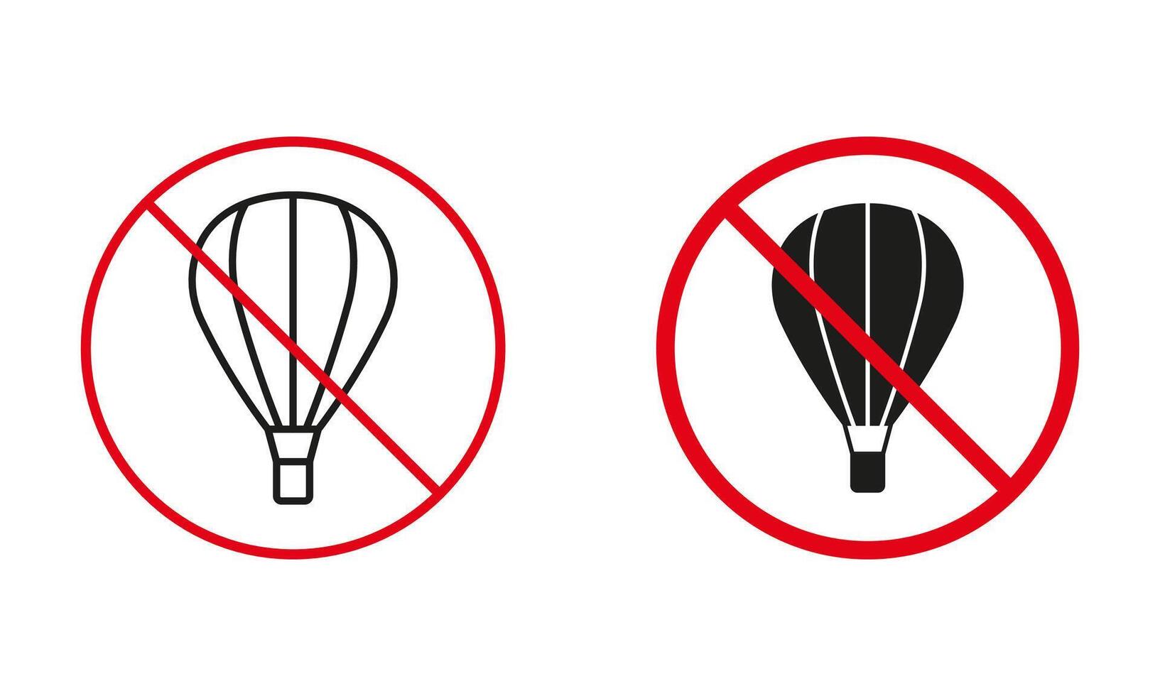 aire globo con cesta no permitido la carretera signo. No caliente aire globo circulo símbolo colocar. aire caliente globo prohibir tráfico rojo signo. advertencia línea y silueta iconos aislado vector ilustración