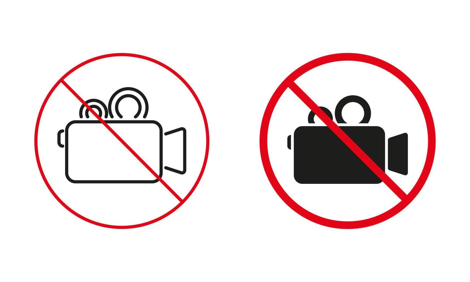 No Video Camera Allowed Warning Sign Set. Notice Recording Video Is Prohibit Line And Silhouette Icons. Banned Record Area Red Circle Symbol. Isolated Vector Illustration