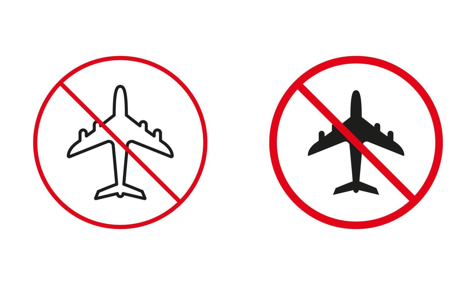 aire avión no permitido la carretera signo. avión circulo advertencia símbolo colocar. prohibido vuelo chorro. aviación prohibir tráfico rojo signo. No aeronave línea y silueta iconos aislado vector ilustración