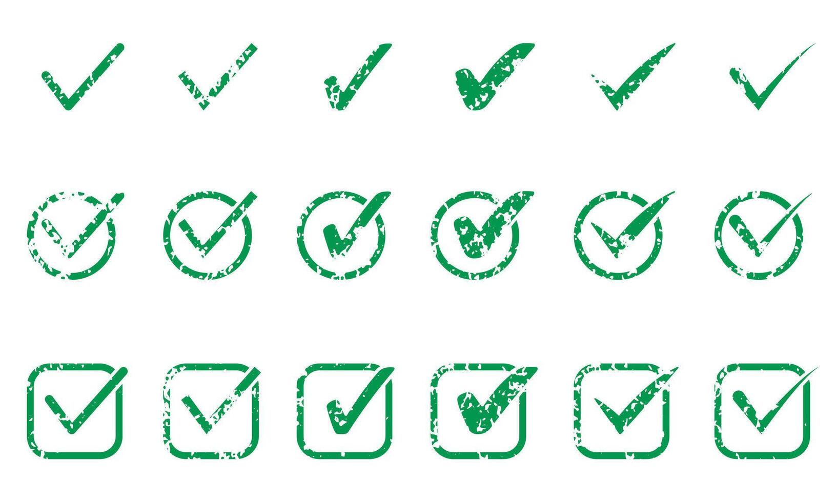 Check Mark Green Icon Set. Ok Sign, Grunge Checkmark In Checkbox Pictogram. Correct Rubber Stamp, Right Choice Symbol Collection. Vote, Confirm, Accept Tick. Isolated Vector Illustration