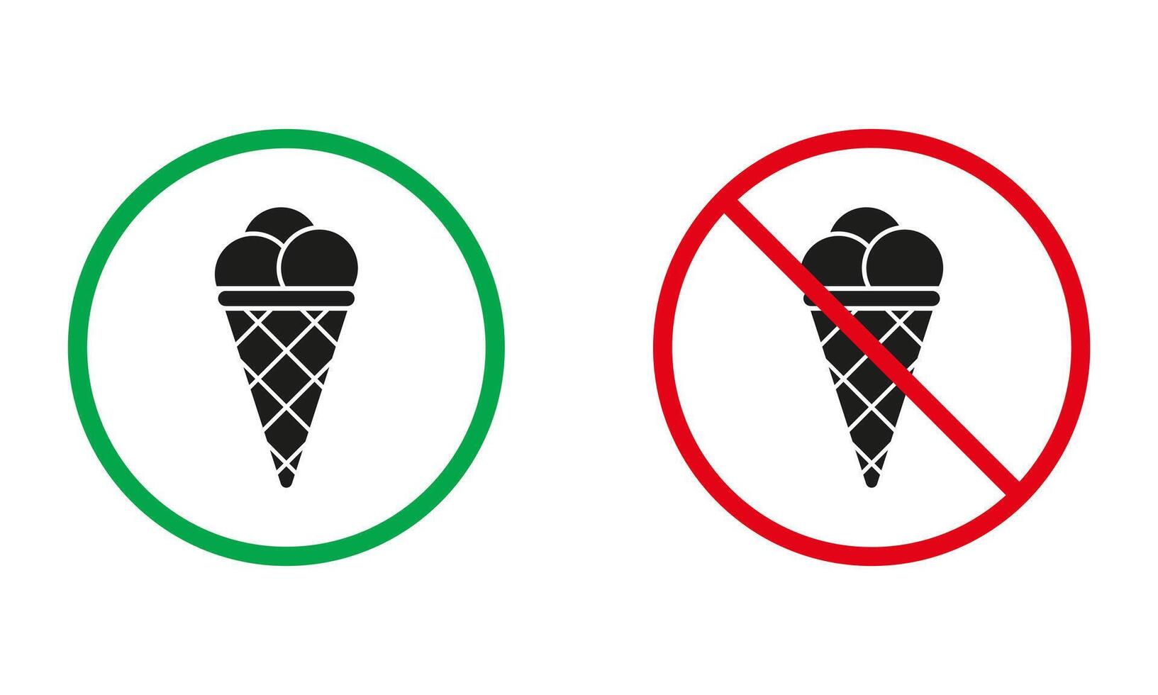 comer hielo crema permitido, comida prohibido información simbolos helado con frutas y nueces rojo y verde advertencia señales. entrada con hielo crema silueta íconos colocar. aislado vector ilustración