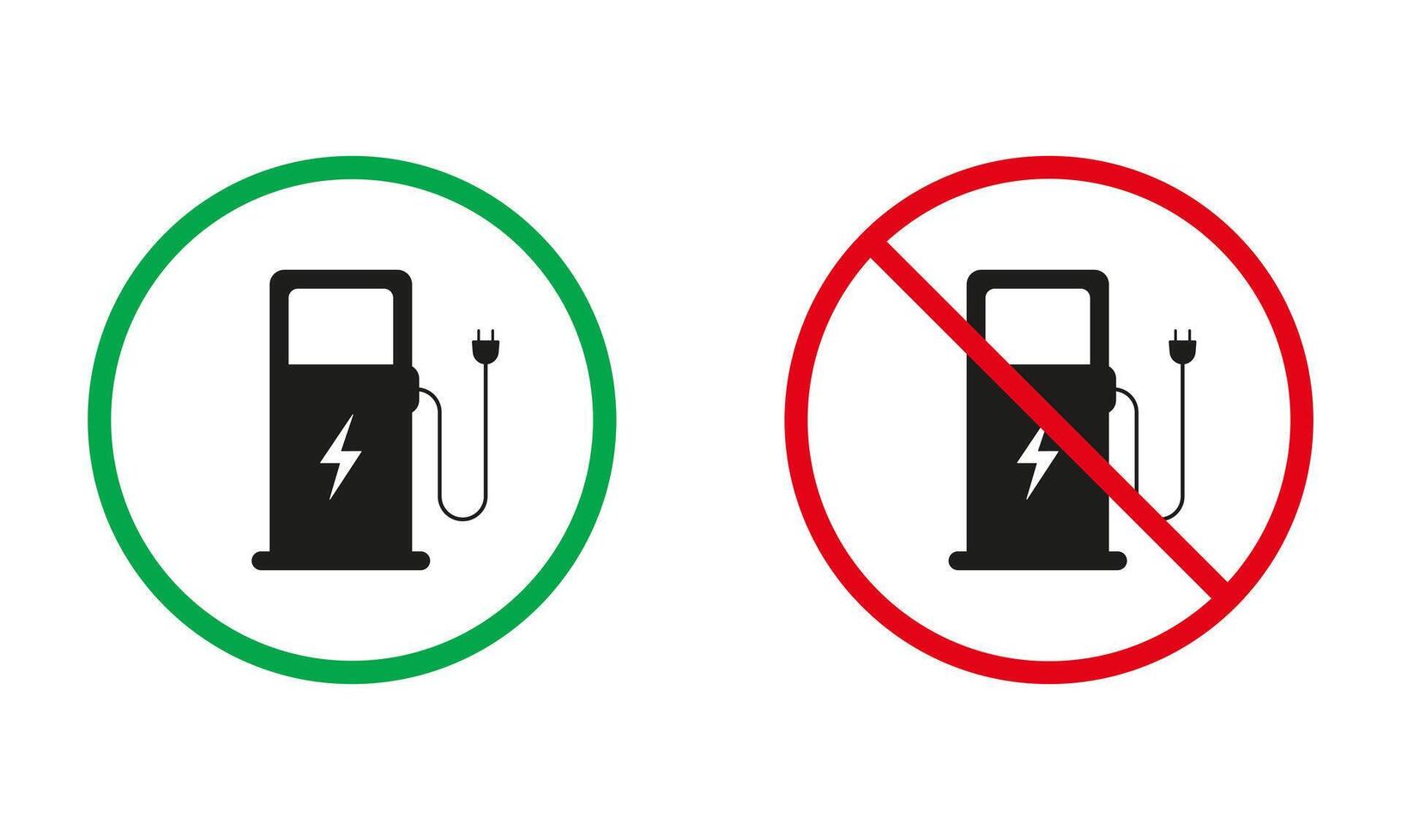Electrical Charging Station Red and Green Warning Signs. Fuel Energy, Gas Station Silhouette Icons Set. Gasoline Industry Symbol. Isolated Vector Illustration
