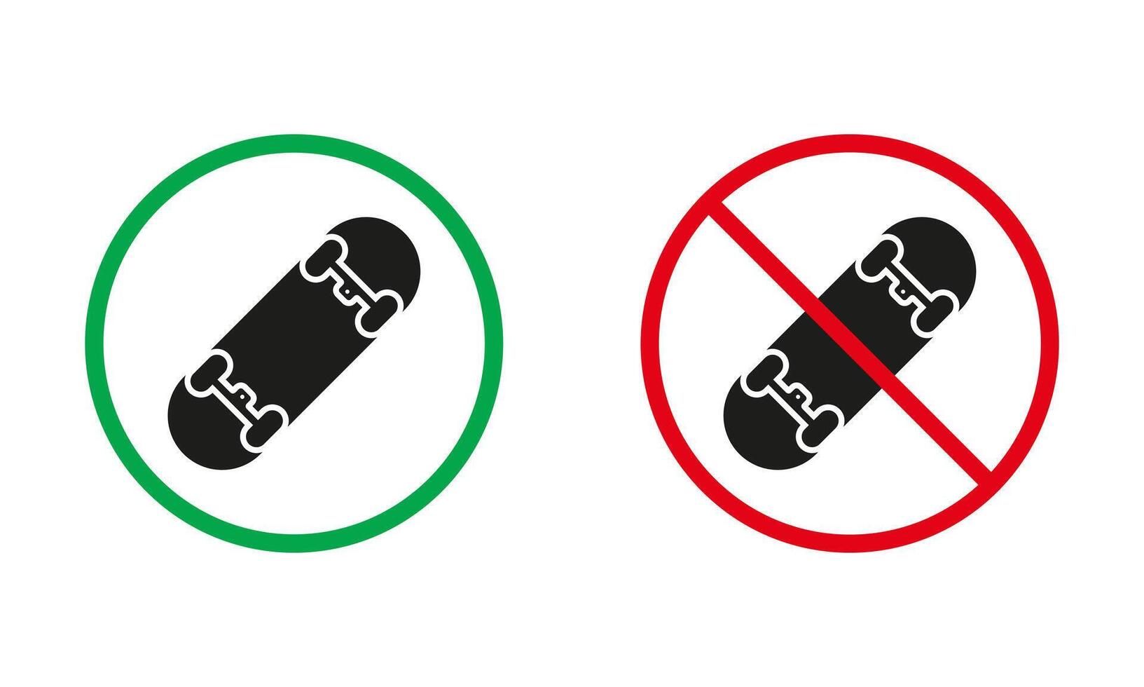 Skateboarding Warning Sign Set. Skate Board Allowed and Prohibit Silhouette Icons. Entry with Eco City Transport Red and Green Circle Symbol. Isolated Vector Illustration