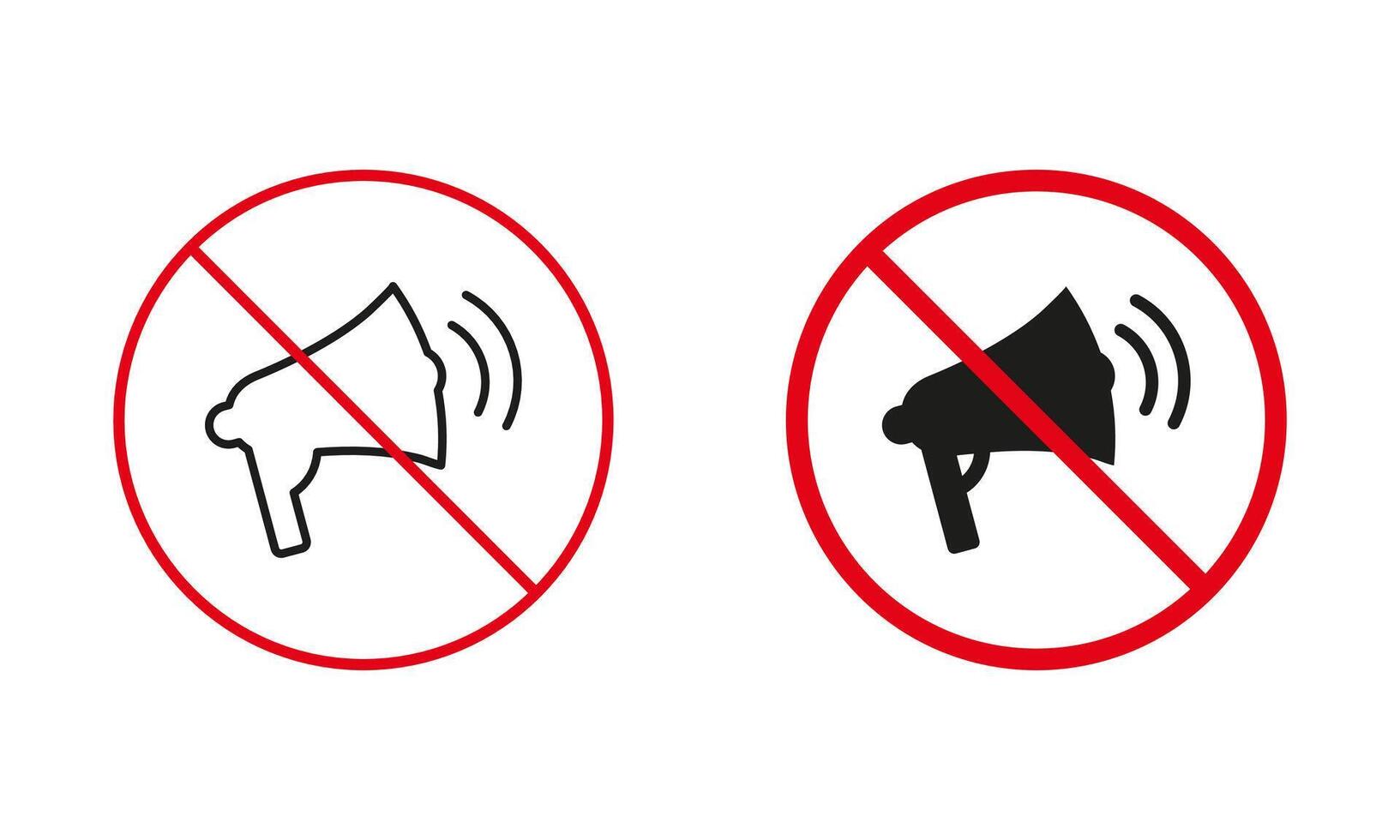 Silent Zone, Loud Sound Not Allowed Warning Sign Set. Loudspeaker Prohibit Line And Silhouette Icons. Bullhorn In Red Circle Symbol. Isolated Vector Illustration